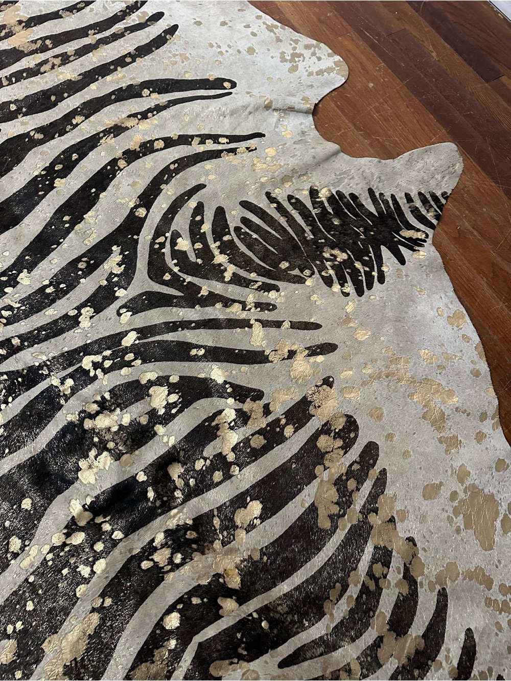 Genuine Cowhide Zebra Print Gold Metallic Splatter Rug - Picture 3 of 11